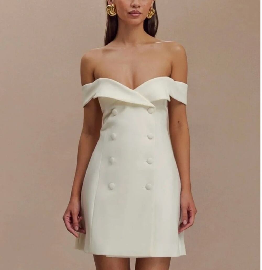 MESHKI | Cream Noelle Off-Shoulder Ivory Double-Breasted Mini Blazer Dress | XL